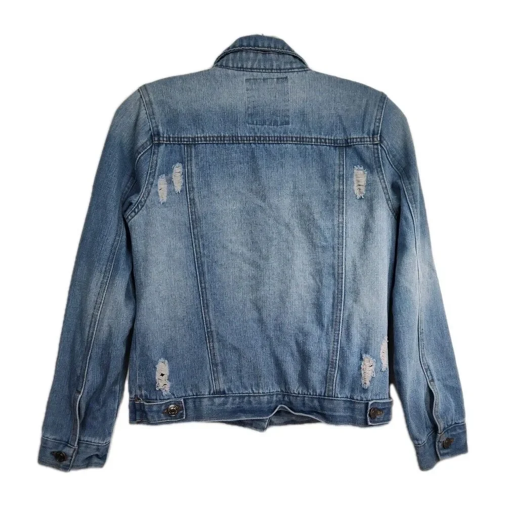 Beverly Hills Polo Club Denim Jacket Girls Size 14‎ Blue Distressed Button Close
